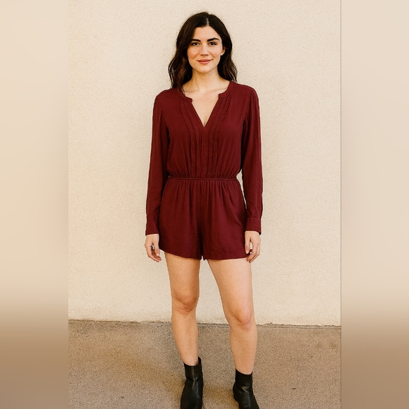 Very J Pants - Very J Burgundy Romper M Long Sleeve Zip‎ Back Pockets Pleated Rayon Playsuit